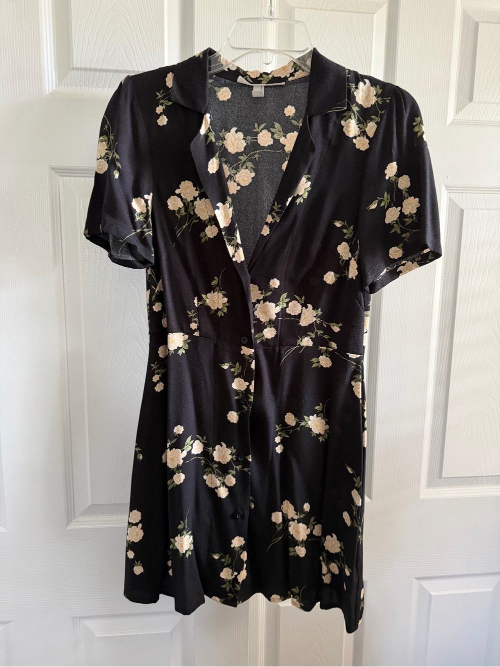 Urban Renewal Black Short-Sleeve Button-Front Dress with Cream Floral Print